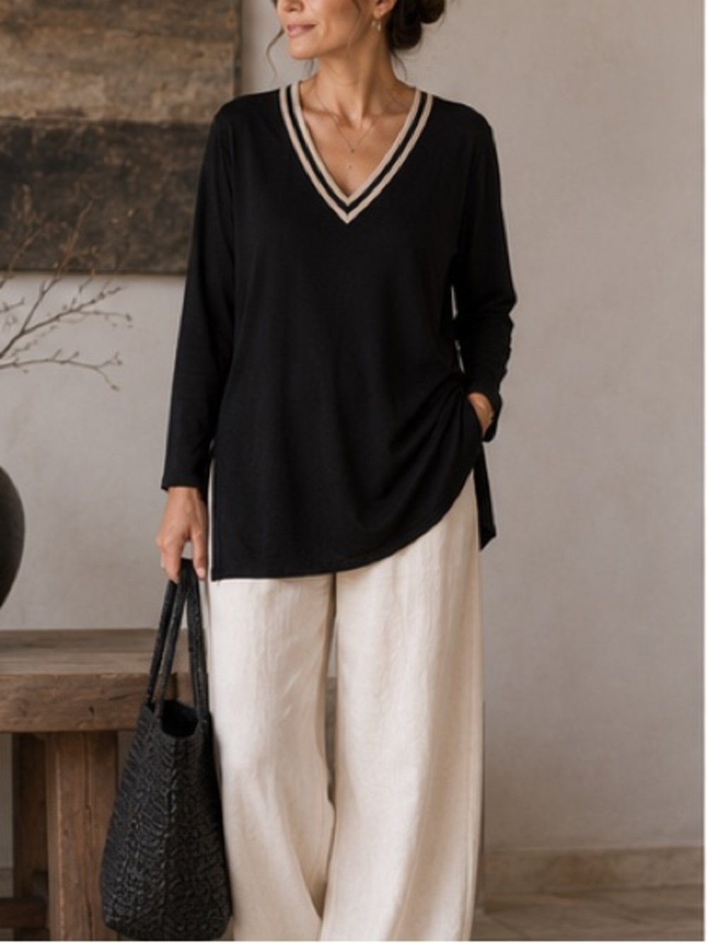 Kokun Tunic Sweater Cashmere Blend V Neck  Black Excellent Size M